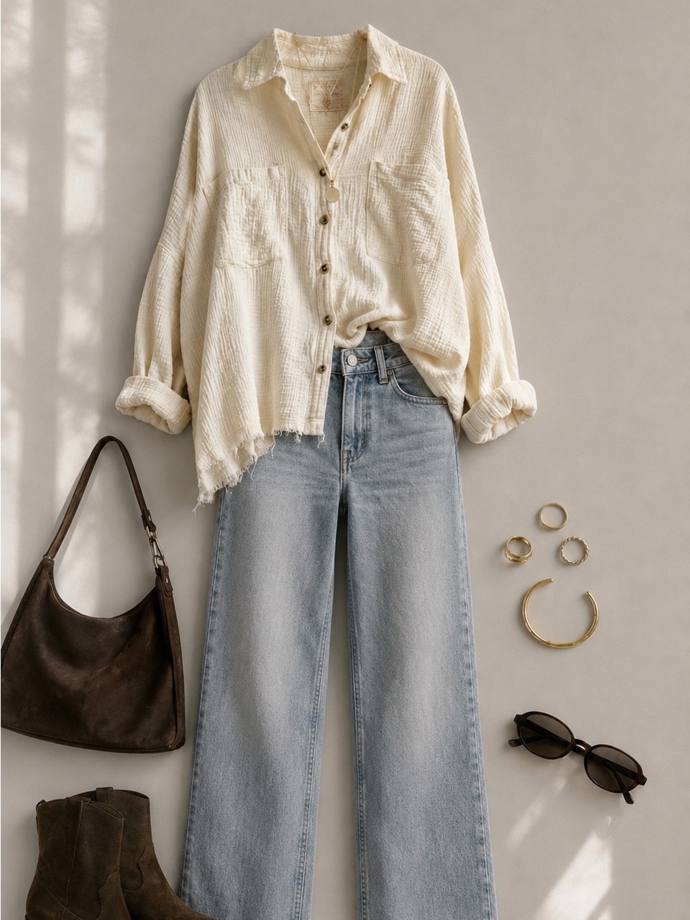 We The Free Cream Textured Button-Front Utility Shirt